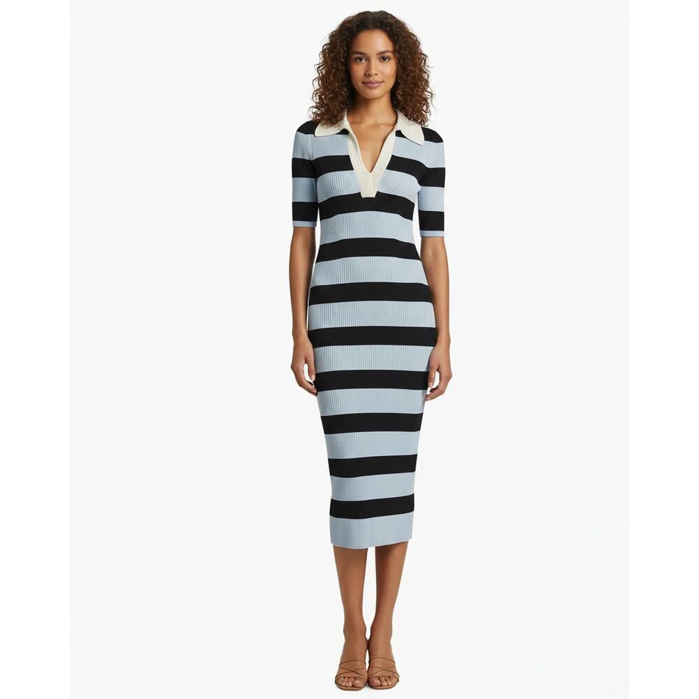 A.L.C. Darcy Rugby-Striped Midi-Dress in Midnight Sky Blue Parchment